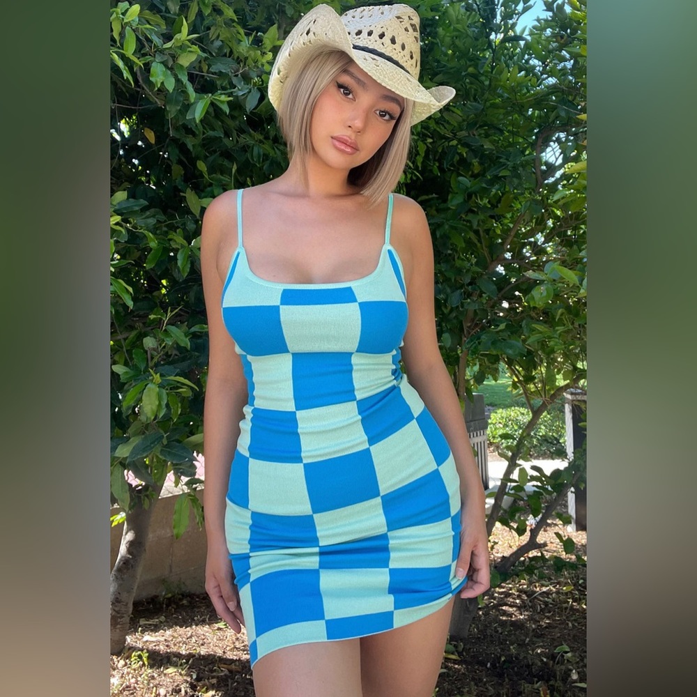 Fashion Nova blue and teal checked mini dress
